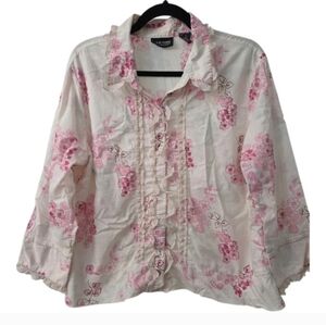 New York And Company Floral Button Up Shirt White Pink Large